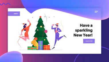 Ofis Noel Partisi Web Sitesi Açılış Sayfası. İş İnsanlar Şampanya, Dekore Xmas Ağacı ve Konfeti Web Sayfası Banner ile İş Yerinde Yeni Yıl Kutlaması Eğlenin. Karikatür Düz Vektör İllüstrasyon