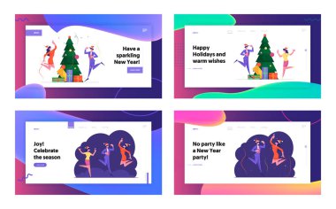 Noel ve Yeni Yıl Partisi Kutlama Web Sitesi Açılış Sayfası Seti. Santa Şapkalar Ofis Web Sayfası Banner Xmas Tatil kutluyor Mutlu İş Meslektaşları Ekibi. Karikatür Düz Vektör İllüstrasyon