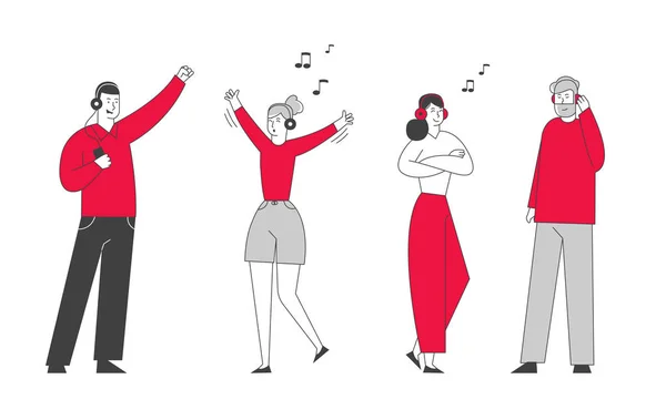 Happy People Clubbing et Dancing Disco à Night Club Party. Personnages hommes et femmes portant un casque Écouter de la musique et danser à la boîte de nuit. Vie nocturne Événement Dessin animé Illustration vectorielle plate, Line Art — Image vectorielle