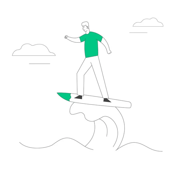 Business Success Challenge Concept (em inglês). Jovem Empresário Ficando à tona e Surfando Ondas de Mudança. Gerente Profissional Desfrutando de Atividade Extrema Carreira Impulsionar Desenhos Animados Flat Vector Ilustração, Line Art — Vetor de Stock