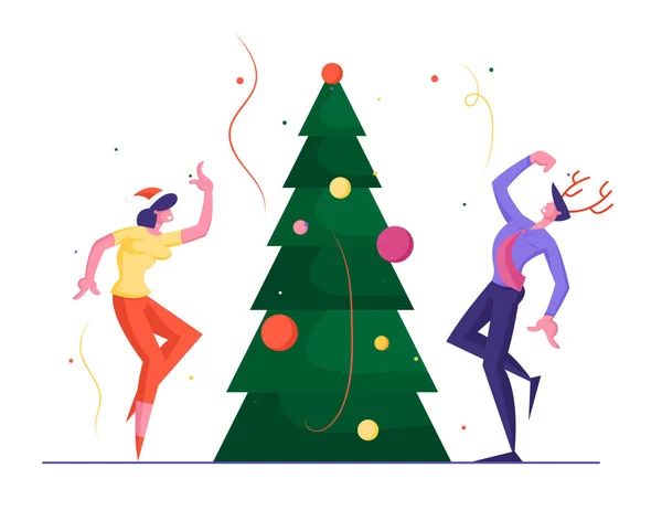 Año Nuevo Bash. Gente de negocios celebrando fiesta, hombres, personajes femeninos divirtiéndose y bailando en el árbol de Navidad decorado con guirnalda y confeti, evento corporativo ilustración de vectores planos de dibujos animados — Vector de stock