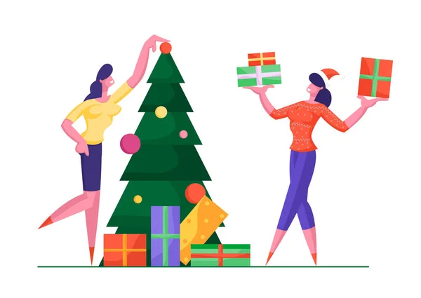 Las mujeres jóvenes decoran el árbol de Navidad y se presentan regalos unas a otras. Feliz Navidad y Feliz Año Nuevo Concepto de saludo con gente de negocios Fiesta corporativa Dibujos animados Vector plano Ilustración — Vector de stock