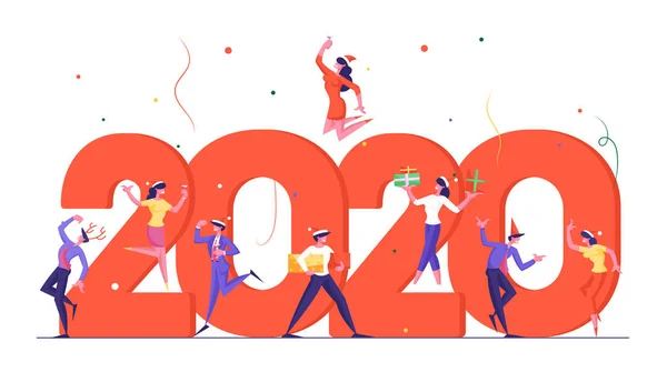 New Year Celebration Concept. Tiny Business People Characters Dancing around Huge 2020 Numbers, Party Poster, Banner, Flyer, Brochure. Cartoon Flat Vector Illustration Cartoon Flat Vector Illustration — Stock Vector