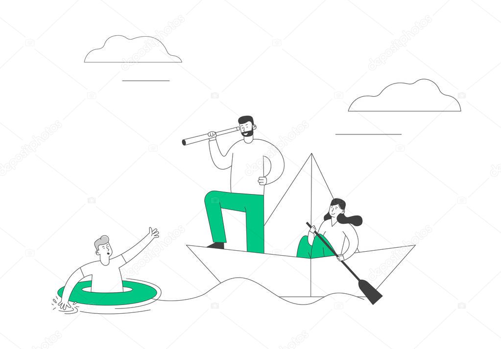 Business People Sailing Paper Ship in Sea, Woman with Paddle, Captain with Spyglass, Man with Life Buoy Need Help. Leadership and Guidance Planning Strategy. Cartoon Flat Vector Illustration, Line Art
