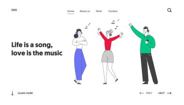 Arkadaşlar Eğlenmek Eğlence Web Sitesi Açılış Sayfası. Genç Kızlar ve Kulaklık Takan Adam Müzik Dinliyor. Gece Kulübü'nde Dans Kulübü'nde dans eden taraftarlar. Web Sayfası Banner. Karikatür Düz Vektör İllüstrasyon, Çizgi Sanatı