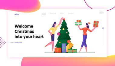 Mutlu Noeller ve Mutlu Yıllar Sezon Tebrik Web Sitesi Açılış Sayfası. Kadınlar Noel Ağacı süsleyin ve Xmas Kurumsal Parti Web Sayfası Banner Hediyeler ibraz. Karikatür Düz Vektör İllüstrasyon