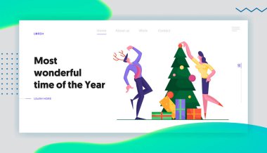 Neşeli Meslektaşları Ofis Web Sitesi Açılış Sayfasında Xmas Parti kutlamak. Neşeli Yöneticiler Dans ve Süsler Noel Ağacı. Mutlu Insanlar Eğlenceli Web Sayfası Banner sahip. Karikatür Düz Vektör İllüstrasyon