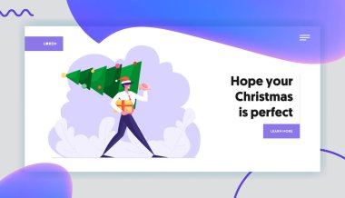 Mutlu Yıllar ve Xmas Tatil Kutlama Kavramı Web Sitesi Açılış Sayfası. Neşeli İş Adamı Holding Hediye Taşıma Noel Ağacı Kurumsal Parti Web Sayfası Banner üzerinde. Karikatür Düz Vektör İllüstrasyon