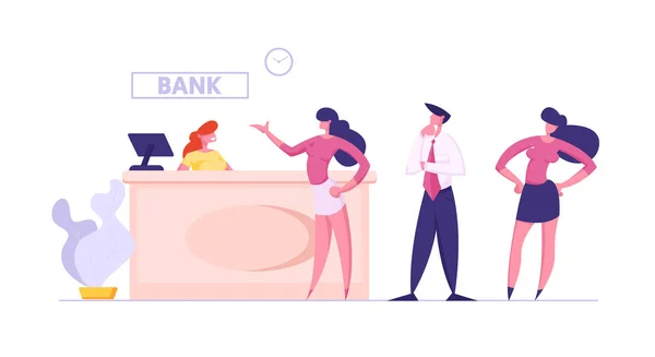 People in Bank Stand at Operator Desk Waiting Turn for Making Financial Operations and Consulting. Woman Client Talking to Worker in Uniform. Customer at Counter. Cartoon Flat Vector Illustration — Stock Vector