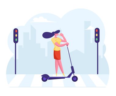 Trafik Işıkları ile Cross City Crosswalk Work Electric Scooter Sürme Sırasında Casual Şık Giyim İçme Kahve Genç İş Kadını. Megapolis Lifestyle Karikatür Düz Vektör İllüstrasyon