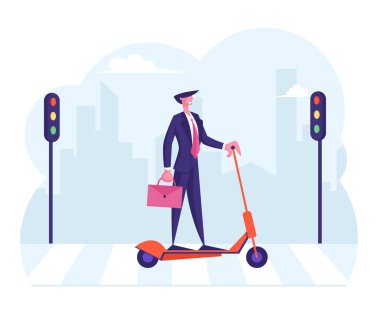 Trafik Işıkları Karikatür Düz Vektör İllüstrasyon ile Cross City Crosswalk Work Electric Scooter Sürme Sırasında Resmi Giyim Holding Evrak Çantası İçme Kahve Kendine Güvenen İş Adamı