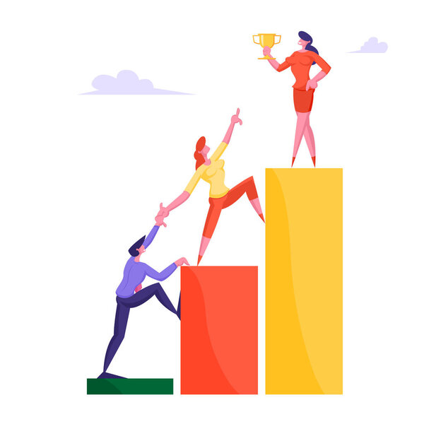 Бизнесмен и предпринимательница, поднимающиеся в финансовом чарте, пытаются достучаться до лидера "Достичь вершины золотого кубка". Концепция развития бизнес-вызовов Cartoon Flat Vector Illustration
