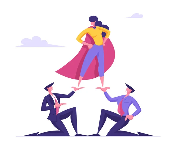 Femme d'affaires en Super Hero Cloak Stand sur le dessus de la pyramide avec bras Akimbo. Business Men Holding Successful Colleague or Company Leader on Hands. Hiérarchie d'entreprise Dessin animé Illustration vectorielle plate — Image vectorielle