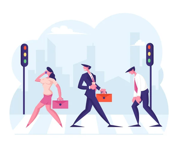 Επιχειρήσεις άνθρωποι πεζοί περπάτημα στην πόλη της πόλης από ζέβρα άνδρες και γυναίκες χαρακτήρες γρήγορα στην εργασία για το αστικό φόντο με φανάρια και διασταύρωση μετακίνηση με δρόμο κινούμενα σχέδια επίπεδο διανυσματική απεικόνιση — Διανυσματικό Αρχείο