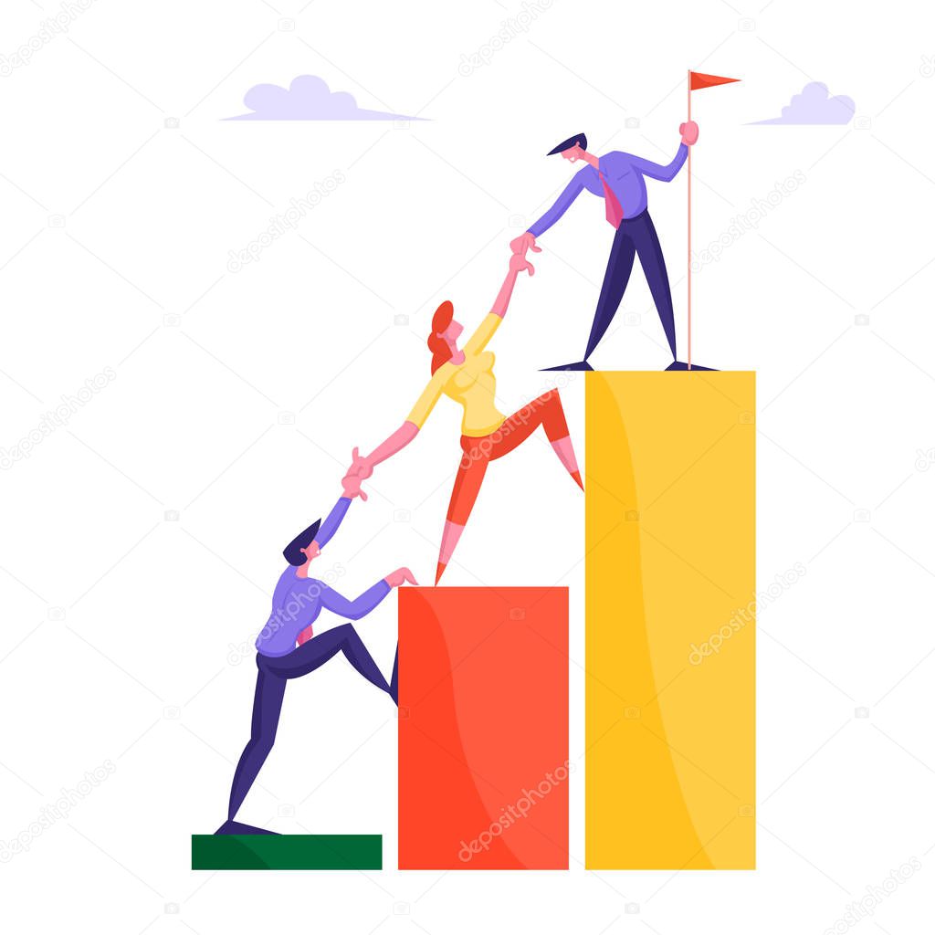 Business Team Climb Chart. Businesspeople Holding Hands Going Up on Growth Chart Graph Diagram. Leader Set Up Flag on Top. Success Career Performance, Investment. Cartoon Flat Vector Illustration