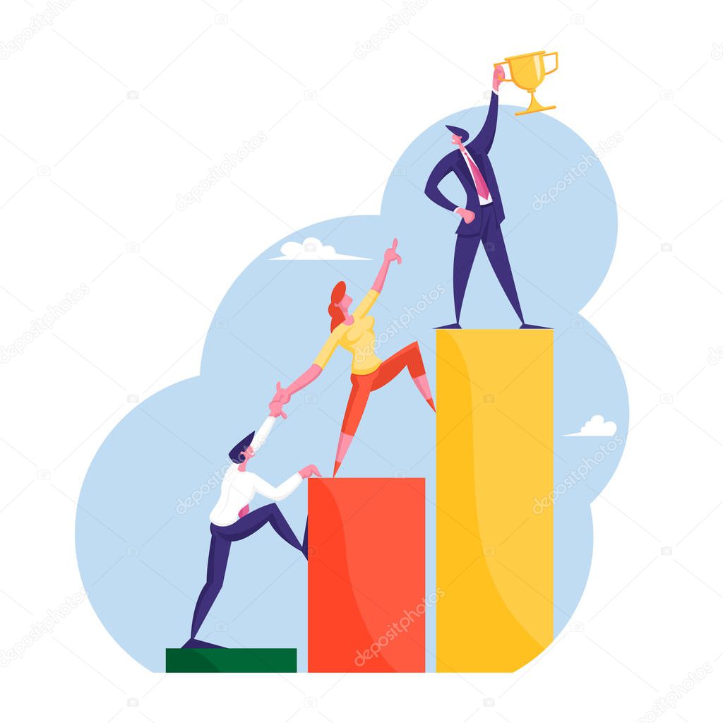 Male and Female Office Workers, Managers or Clerks Characters Climbing on Ascending Chart. Business Goal Achievement, Career Ladder. Professional Progress, Advancement Cartoon Flat Vector Illustration