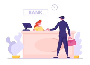 Bilgisayar ve İş Adamı Müşteri İletişimi ile Masa Başında Oturan Kadın Banka Operatör Karakteri. Banka Müşteri Hizmetleri, Hesap Yönetimi ve Mali İşler. Karikatür Düz Vektör İllüstrasyon