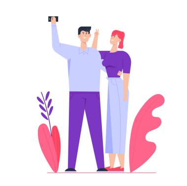 Selfie çeken genç mutlu çift. Man Holding Smartphone Girlfriend ile kendini Resim Çekim. Aşk, Romantik İlişkiler, Buluşma. Aile Bellek Sweet Moments Karikatür Düz Vektör İllüstrasyon