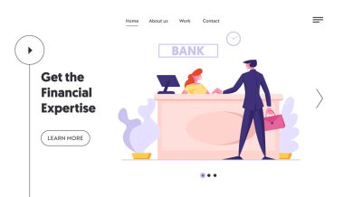 Banka Müşteri Hizmetleri Web Sitesi Açılış Sayfası. Kadın Banka Operatör Karakter Bilgisayar ve İş Adamı Müşteri İletişim İşleri Web Sayfası Banner ile Masa Başında Oturan. Karikatür Düz Vektör İllüstrasyon