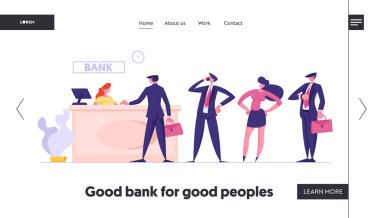 Kredi Bölümü Randevu Web Sitesi Açılış Sayfası. Sırada Bekleyen Banka Çalışanı Nın Masasında Oturan Müşterilere Hizmet Veren Müşteriler Web Sayfası Afişi. Karikatür Düz Vektör İllüstrasyon