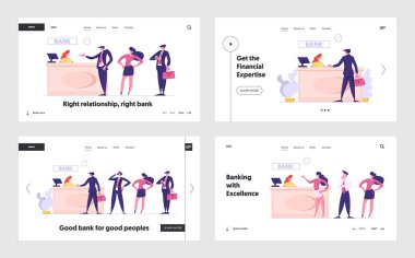 Banka Bekleme Randevu Web Sitesi Açılış Sayfası Seti'ndeki müşteriler. İstemciler Kuyrukta Bekletilir. Banka Çalışanı Müşterilere Hizmet Veren MasaBaşında Oturuyor Web Sayfası Afişi. Karikatür Düz Vektör İllüstrasyon