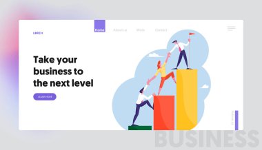 Challenge Ortaklık ve Liderlik Web Sitesi Açılış Sayfası. Finansal Grafik ve Grafik Merdivenleri Tırmanan İş Adamları Üstüne Bayrak Dikiyor. Takım Çalışması, Web Sayfası Banner. Karikatür Düz Vektör İllüstrasyon