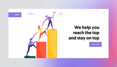 İş Ekibi Tırmanma Grafiği Web Sitesi Açılış Sayfası. El Ele Tutuşan İş adamları Büyüme Grafiği Diyagramında Yukarı Çıkıyorlar. Lider Üstüne Bayrak Kurdu. Başarı Kariyer Web Sayfası Banner. Karikatür Düz Vektör İllüstrasyon