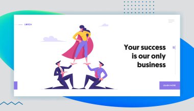 Kurumsal Hiyerarşi Web Sitesi Açılış Sayfası. Süper Kahraman Pelerinli İş Kadını Piramidin Tepesinde Durun. İş Adamları Elleri Web Sayfası Banner Başarılı Meslektaşı tutun. Karikatür Düz Vektör İllüstrasyon