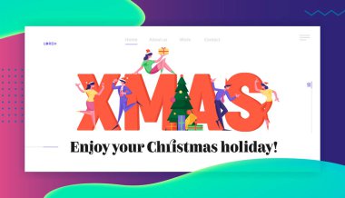 Web Sitesi Açılış Sayfası için Xmas Kurumsal Kutlama Kavramı. Kış Sezonu Tatilleri, Parti. Minik İş İnsanlar Noel ve Yeni Yıl Web Sayfası Banner kutluyor. Karikatür Düz Vektör İllüstrasyon