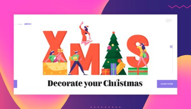 Ofis Web Sitesi Açılış Sayfasında Noel Kutlaması. Küçük İş İnsanlar Büyük Xmas Tipografi Etrafında Dans Hediyeler ve Fir-tree Web Page Banner ile süslenmiş. Karikatür Düz Vektör İllüstrasyon