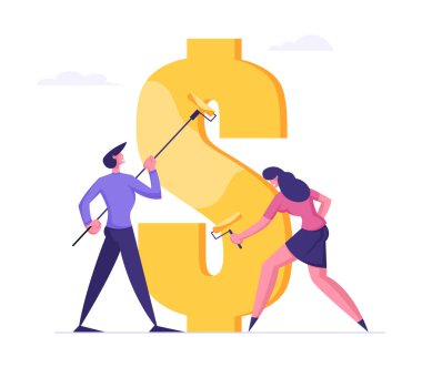 Finansal Bağımsızlık, Sermaye ve Servet Kavramının Yaratılması. Rollers Resim Altın Boya ile Büyük Dolar İşareti ile İş adamları. Kar Tasarrufu ve Artan Para Karikatür Düz Vektör İllüstrasyon