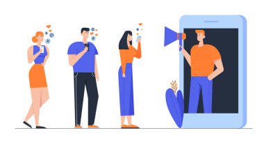 Influencer Pazarlama Sosyal Medya veya Ağ Promosyon, Smm Bloglama Kavramı. Ekranda Megafonlu Adam ve Cep Telefonları olan Gençler. İnternet Reklam Karikatür Düz Vektör İllüstrasyon