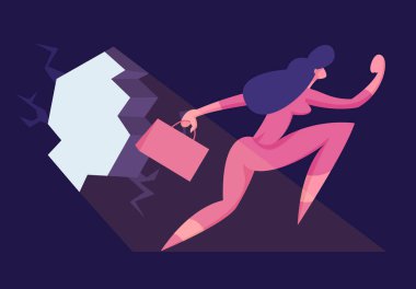 Innovation and Pioneer Work in Business, Developing of New Strategies. Business Woman with Briefcase Punch Through Rock Wall to Darkness, Sun Light Falling to Hole. Cartoon Flat Vector Illustration clipart