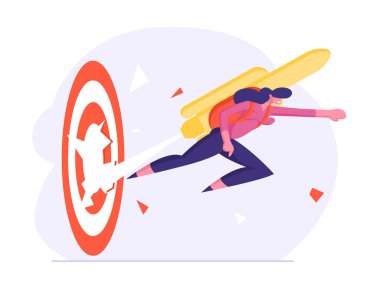 Rocket ile Girl Back Reach Yeni Seviye Geliştirme ve Kariyer Boost. Mutlu İş Kadını Jetpack ile Back Punch Ile Büyük Hedef Ile Hedef Başarı. Karikatür Düz Vektör İllüstrasyon