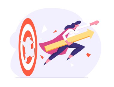 Start Up, Yatırımlar Büyüme ve Çalışma Başarısı. Kariyer Hedef Başarı Karikatür Düz Vektör İllüstrasyon için Hand Breaking Huge Target Hitting Barrier Ok ile Süper Kahraman Pelerin İş kadını
