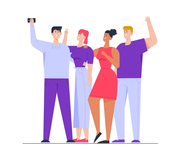 Foto de Happy Multiracial Group of Friends Standing Together Posing and Gesturing Making Selfie. Empresa de Pessoas Fotografando em Smartphone. Relações de Amizade Desenhos animados Flat Vector Ilustração —  Vetores de Stock