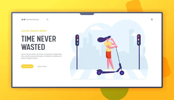 Megapolis életmód website céloldal. Fiatal teendő asszony ivás kávé rövid idő lovaglás robogó-hoz dolgozik kereszteződés város crosswalk-val forgalom fények pókháló oldal zászló karikatúra lakás vektor illusztráció — Stock Vector