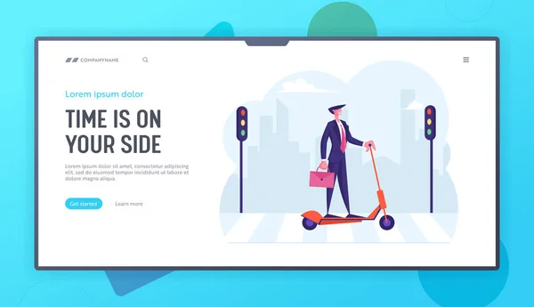 Сайт Road to Work Landing Page. Деловой человек пьет кофе во время езды на электрическом скутере на работу пересекая городской пешеходный переход с светофором веб-страницы баннер. Мультипликационный вектор — стоковый вектор