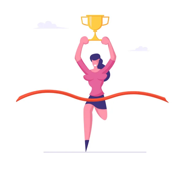 Obiettivi Carriera Realizzazione, Concetto di Successo Finanziario e di Business. Businesswoman Run Crossing Finish Line con Red Ribbon Holding Gold Trophy Cup sopra Head Competition. Illustrazione del vettore piatto del fumetto — Vettoriale Stock