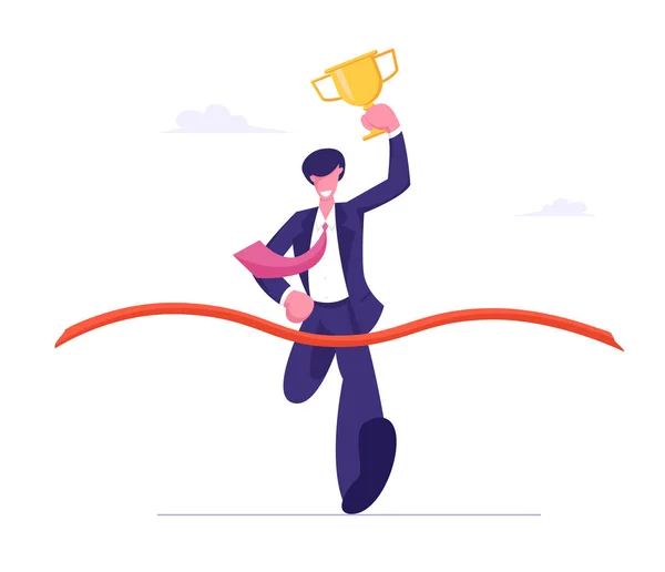 Business Man Holding Golden Goblet in Hand Take Part in Race Run to Success. Leadership and Competition Concept. Businessman Crossing Finish Line with Red Ribbon. Cartoon Flat Vector Illustration — Stock Vector