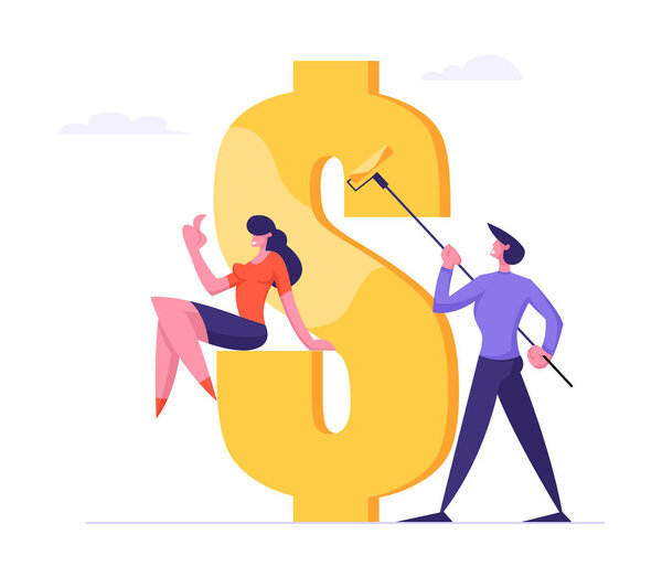 Успешный бизнесмен рисует огромный знак доллара с золотой краской, женский процесс просмотра. Персонажи зарабатывают деньги. Концепция благосостояния финансовой прибыли. Мультипликационный вектор
