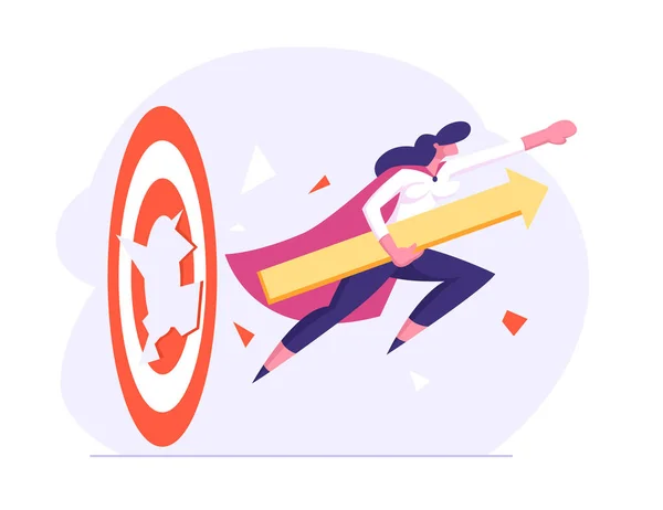 Mulai, Investasi Pertumbuhan dan Sukses Kerja. Businesswoman in Super Hero Cloak with Arrow in Hand Breaking Big ge Target Hitting Barrier for Career Goal Achievement Cartoon Flat Vector Illustration - Stok Vektor