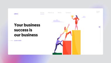 Business Challenge Geliştirme Web Sitesi Açılış Sayfası. İşadamları Finans Grafiği ne kadar tırmanma Ya da Üst Holding Altın Kadeh Web Sayfası Afiş Karikatür Düz Vektör İllüstrasyon Üzerinde Woman Stand Up Reach Up Çalışıyor