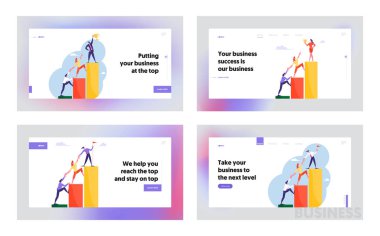 Karakter Takım Çalışması Web Sitesi Açılış Sayfa Seti ile Kariyer Merdiveni. İş adamları El Ele Büyüme Grafiği Diyagramı, Business Challenge Web Sayfası Banner going Up. Karikatür Düz Vektör İllüstrasyon