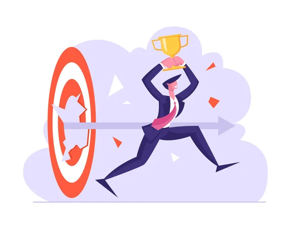 Successful Businessman with Gold Cup in Hands Breakthrough Huge Target. Business Goals Achievement, Aims Mission Opportunity Challenge, Task Solution Business Strategy Cartoon Flat Vector Illustration — Stock Vector