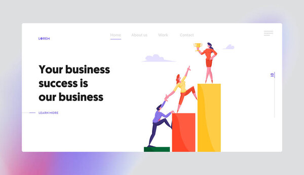 Разработка сайта Business Challenge Landing Page. Бизнесмены поднимаются по финансовому графику, пытаясь достучаться до женщины, стоят на вершине холдинга Gold Goblet Web Page Cartoon Flat Vector Illustration
