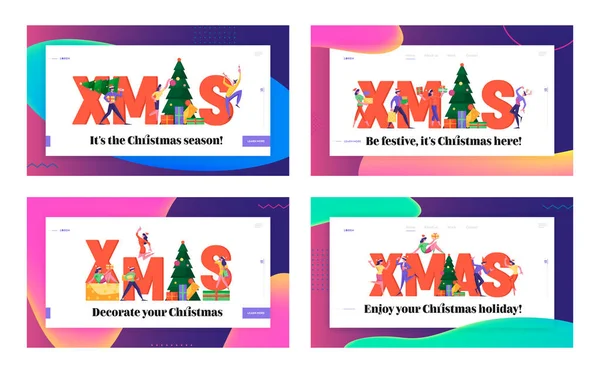 Conjunto de páginas de aterrizaje del sitio web del Concepto de celebración corporativa de Navidad. Office People Baile, Felicitaciones y Celebración de Navidad con Regalos y Banner de Página Web de Abeto. Dibujos animados plana Vector Ilustración — Archivo Imágenes Vectoriales