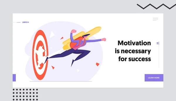 Goal Achievement and Career Boost Website Landing Page. Businessman Punch Through Huge Target with Jet Pack on Back. Office Employee Flying by Rocket Web Page Banner. Cartoon Flat Vector Illustration — ストックベクタ