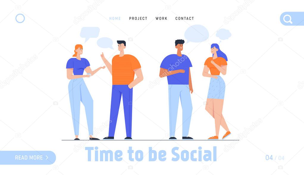 Business People Discuss and Make Decisions Website Landing Page. Group of Young People Communicating with Speech Bubbles. Men Women Talking Chatting Web Page Banner. Cartoon Flat Vector Illustration