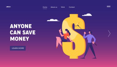 Finansal Kâr Zenginliği Sermaye Sitesi İniş Sayfası. Başarılı İşadamı, Altın Boyalı Büyük Dolar Tabelası, Kadın İzleme Süreci Web Sayfası Afişi Yapıyor. Çizgi film Düz Vektör İllüstrasyonu
